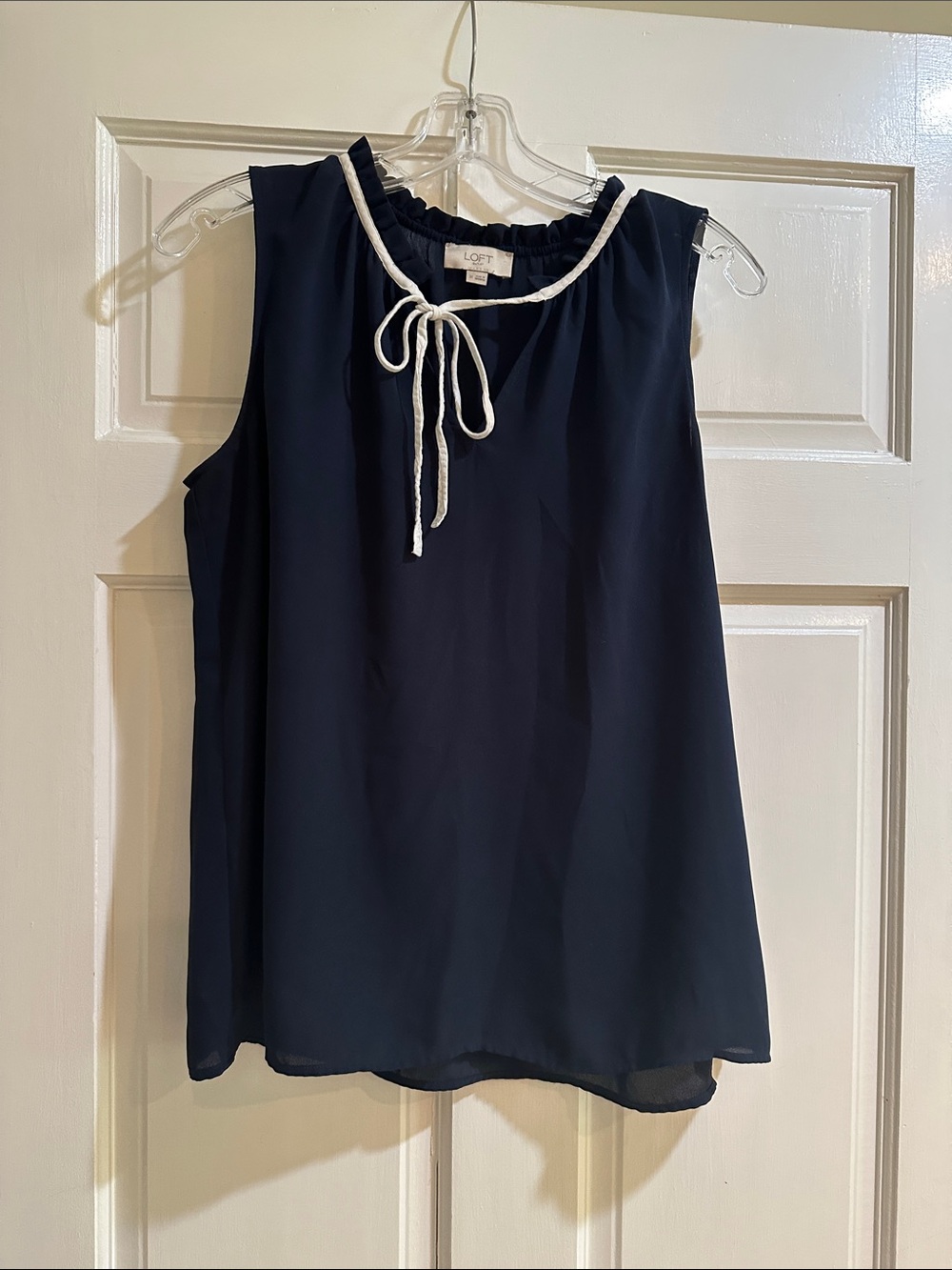 LOFT Navy Sleeveless Tie-Neck Shell with White Trim